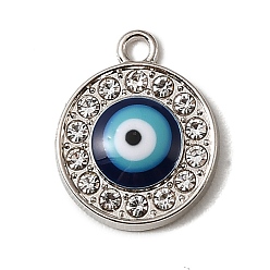 Platinum Alloy Rhinestone Pendants, Round with Evil Eye Charms, With Enamel, Platinum, 18.5x15x3mm, Hole: 1.8mm