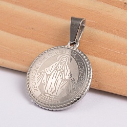 Нержавеющая Сталь Цвет Плоские круглые с Девой Марией и слова 304 подвесками из нержавеющей стали, цвет нержавеющей стали, 21.8x19x3.5 мм, отверстие : 4x6.5 мм