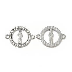 Platinum Alloy Connector Charms with Rhinestone, Flat Round Links with Saint, Religion, Nickel, Platinum, 18x24x1.5mm, Hole: 2mm