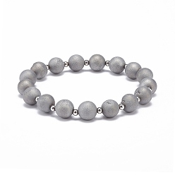 Silver Natural Druzy Geode Weathered Agate Round Beaded Stretch Bracelet, Gemstone Jewelry for Women, Silver, Inner Diameter: 2-1/4 inch(5.8cm)