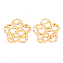 Real 14K Gold Plated 304 Stainless Steel Filigree Joiners Links, Laser Cut, Flower with Heart, Real 14K Gold Plated, 15x15.5x0.5mm