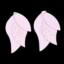 Perle rosa Pu-Leder große Anhänger, mit Pailletten / Paillette und platinfarbener Eisenschlaufe, Perle rosa, 75x35x3 mm, Bohrung: 5 mm