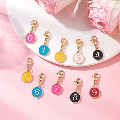 (52) Непрозрачная лаванда Плоские круглые с цифрой 0~9 сплав эмали подвесные украшения, с 304 из нержавеющей стали Lobster Claw застежками, разноцветные, 27.5 мм, 10 шт / комплект