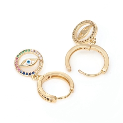 Golden Brass Micro Pave Cubic Zirconia Huggie Hoop Earrings, with Enamel, Long-Lasting Plated, Flat Round with Evil Eye, Colorful, Golden, 30mm, Pin: 1mm