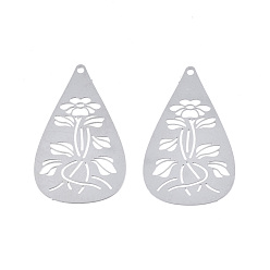 Нержавеющая Сталь Цвет Не тускнеющие 201 подвески из нержавеющей стали, гравированные металлические украшения, слезинка с цветком, цвет нержавеющей стали, 35x20.5x0.3 мм, отверстие : 1.4 мм