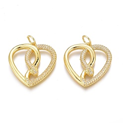 Golden Messing micro pave klare zirkonia anhänger, langlebig überzogen, mit Ringe springen, Herz mit Schlange, golden, 25x24x3.5 mm, Bohrung: 4 mm, Sprungring: 6x1 mm