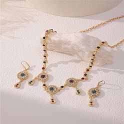 Разноцветный Комплекты из плоского круглого и каплевидного сплава с подвесками из горного хрусталя и серег-колец, золотые, красочный, 510 мм