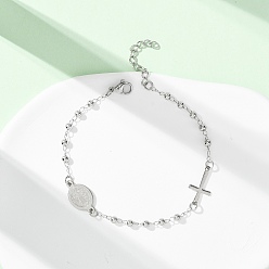 Нержавеющая Сталь Цвет Религия 304 браслеты из нержавеющей стали, браслеты из круглых бусин для женщин, овал со святым и крестом, цвет нержавеющей стали, 7-3/8 дюйм (18.8 см)