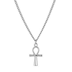 Stainless Steel Color Religion 304 Stainless Steel Ancient Egyptian Ankh Cross Pendant Twisted Chain Necklaces, Stainless Steel Color, 17.72 inch(45cm)