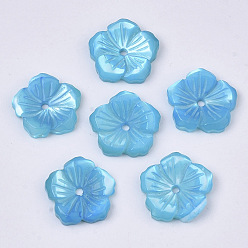 Bleu Dodger Coquille de nacre blanche naturelle, teint, fleur, Dodger bleu, 12.5x12.5x2.5mm, Trou: 1.2mm