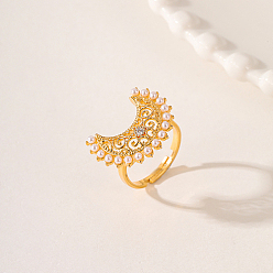 Real 18K Gold Plated Moon Brass Adjustable Rings, with ABS Imitation Pearl Beads, Real 18K Gold Plated, Inner Diameter: 18mm