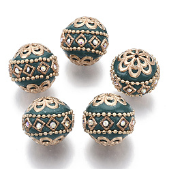 Teal Handmade Indonesia Beads, with Metal Findings, Round, Light Gold, Teal, 19.5x19mm, Hole: 1mm