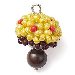 Желтый Подвески из бисера и натурального тигрового глаза, подвески-грибы, с железной петлей, желтые, 27x18x18 мм, отверстие : 3 мм