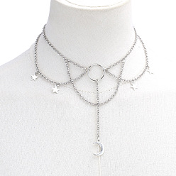 Платина Многослойные колье-чокеры с кисточками из цинкового сплава «Луна и звезда», платина, 13.78 дюйм (35 см), кулон: 18x14 мм & 10 мм