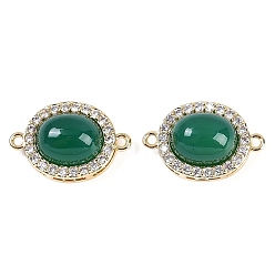 Зеленый агат Подвески-шармы из натурального зеленого оникса-агата (окрашенного и нагретого) в форме овала, латунные микро-паве прозрачные кубические цирконии овальные звенья, реальный 18 k позолоченный, 18x12x7.5 мм, отверстие : 1.2 мм