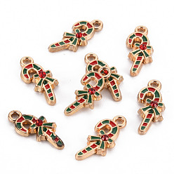 Colorful Eco-Friendly Alloy Enamel Pendants, with Rhinestone, Cadmium Free & Lead Free & Nickel Free, Light Gold, Christmas Candy Cane, Colorful, 19.5x9.5x3mm, Hole: 1.8mm