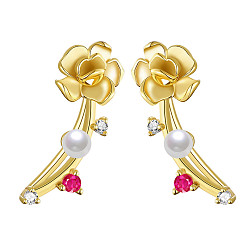 Real 14K Gold Plated 925 Sterling Silver Dangle Earrings, with Shell Pearl and Grade AAA Cubic Zirconia, Rose, Real 14K Gold Plated, 19x7.2mm