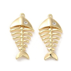 Настоящее золото 18K Латунные микропаве прозрачные подвески с фианитом, без кадмия, без никеля и без свинца, очарование рыбьей кости, реальный 18 k позолоченный, 28x13.5x3 мм, отверстие : 1 мм