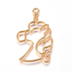 Golden Zinc Alloy Open Back Bezel Pendants, For DIY UV Resin, Epoxy Resin, Pressed Flower Jewelry, Unicorn, Golden, 40x24.6x2.2mm, Hole: 2.6mm