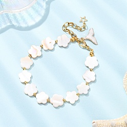 Белый Браслеты из ракушечного жемчуга для женщин, цветок, с сплава эмали прелести, белые, 7-7/8 дюйм (20 см)