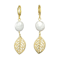 Golden Natural Pearl Dangle Leverback Earrings, Brass Hollow Leaf Long Drop Earrings, Golden, 54x13mm