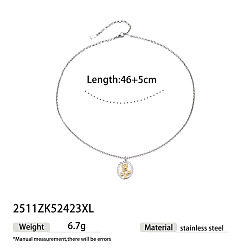 Plano Redondo Collares colgantes de acero inoxidable bicolor para mujer, acero color oro y acero, plano y redondo, 304 pulgada (18.11 cm), colgante: 46 mm