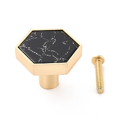 Black Hexagon with Marble Pattern Brass Box Handles & Knobs, with Resin Cabochons and Iron Screws, Matte Gold Color, Black, 29.5x34x24.5mm, Hole: 3.5mm