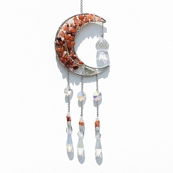 Красный Агат Обернутые проволокой натуральные чипсы сердолика и металлическая луна с подвесными украшениями в виде дерева жизни, стеклянный конус с кисточкой для украшения оконного сада, 420x85 мм