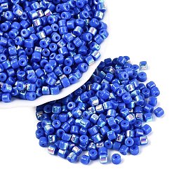 Royal Blue FGB Opaque Colours Glass Seed Beads, Rainbow Plated, Round Hole, Barrel, Royal Blue, 4x3.5mm, Hole: 0.9~1mm, about 3750pcs/pound