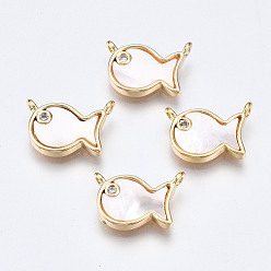 Real 18K Gold Plated Brass Micro Pave Clear Cubic Zirconia Links Connectors, with White Sea Shell, Nickel Free, Fish, Real 18K Gold Plated, 9x13.5x2mm, Hole: 1.2mm