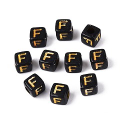 Letter F Непрозрачные акриловые бусины, золотой металл обвитыми, куб с письмом, чёрные, Буква F, 4.5~5x4.5~5x4.5~5 мм, отверстие : 2 мм, Около 6250 шт / 500 г
