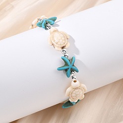 Бирюза Регулируемые браслеты из окрашенной синтетической бирюзы и немагнитных синтетических гематитовых бусин, плетеные из бусин, для женщин и мужчин., морская черепаха и морская звезда, бирюзовые, внутренний диаметр: 1.97~2.95 дюйм (5~7.5 см)