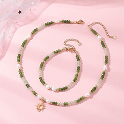 Зеленый Комплекты браслетов и ожерелий из натурального окрашенного малайзийского нефрита и натурального культивированного пресноводного жемчуга, 304 нержавеющей стали ювелирных изделий, зелёные, ожерелья: 16.06 дюйм (40.8 см)