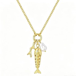 Oro Collares con colgante de pez de latón para playa de verano con perla de plástico para mujer, blanco, dorado, 15.75~17.72 pulgada (40~42 cm)