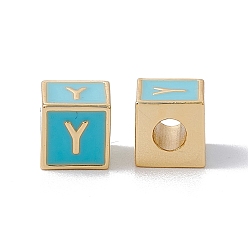 Letter Y Стойки покрытие латунь эмаль бисер, без кадмия, без никеля и без свинца, реальный 18 k позолоченный, куб с письмом, голубой, letter.y, 6x6x6 мм, отверстие : 2.5 мм
