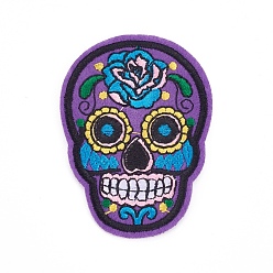Purple Computerized Embroidery Cloth Iron On Patches, Costume Accessories, Appliques, Sugar Skull, For Mexico Holiday Day of the Dead, Purple, 72.2x53x1.9mm