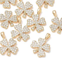 Real 18K Gold Plated SHEGRACE Brass Clear Cubic Zirconia Pendants, Four Leaf Clover Charms, Cadmium Free & Lead Free & Nickel Free, Real 18K Gold Plated, 18x13.5x4mm, Hole: 4x2.5mm