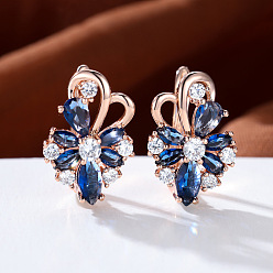 Синий Латунные микро проложить серьги обруча кубического циркония, цветок, розовое золото , синие, 16x11 мм