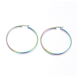 Rainbow Color 201 серьги из нержавеющей стали, с 304 штифта из нержавеющей стали, гипоаллергенные серьги, Кольцевая форма, Радуга цветов, 55x2 мм, 12 датчик, штифты : 1 мм