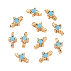 Deep Sky Blue SHEGRACE Brass Micro Pave Cubic Zirconia Connector Charms, Flower Links, Cadmium Free & Lead Free & Nickel Free, Long-Lasting Plated, Real 18K Gold Plated, Deep Sky Blue, 7x4x4mm, Hole: 1mm