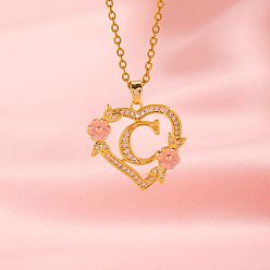 Letter C Латунные кристаллы горный хрусталь полые розы сердце с подвеской в виде буквы для женщин, с розовым эмали, золотые, буква С, 19.69 дюйм (50 см)