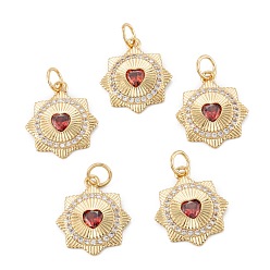 Golden Brass Micro Pave Cubic Zirconia Pendant, Long-Lasting Plated, Flower with Heart, Golden, 16.5x14.5x2mm, Hole: 3.6mm