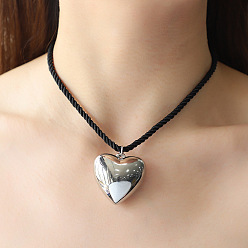 Platinum Brass Heart Pendant Twisted Nylon Cord Necklaces for Women, Black, Platinum, 16.14 inch(41cm)