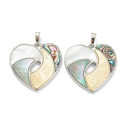 Разные Ракушки Природные подвески оболочки, латунная фурнитура с платиновым покрытием, сердце, 34.5x35x2.5~3 мм, отверстие : 8x5 мм