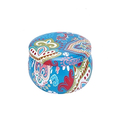 Blue Printed Tinplate Storage Box, for Jewelry & Aromatherapy Candle & Candy Box, Flower Pattern, Blue, 7.7x5cm
