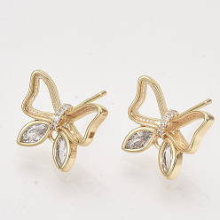 Real 18K Gold Plated Brass Micro Pave Clear Cubic Zirconia Stud Earring Findings, with Loop, Nickel Free, Butterfly, Real 18K Gold Plated, 11.5x13.5mm, Hole: 1.2mm, Pin: 0.8mm