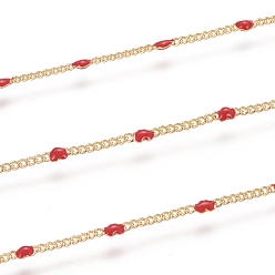 Red Handmade Brass Curb Chains, Heart Link Chains, with Enamel and Spool, Unwelded, Long-Lasting Plated, Cadmium Free & Nickel Free & Lead Free, Real 18k Gold Plated, Red, 1.5x1x0.1mm, about 32.8 Feet(10m)/roll