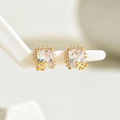 Золотой Квадратные серьги-гвоздики из латуни с прозрачным кубическим цирконием, золотые, 10.8x10.8 мм