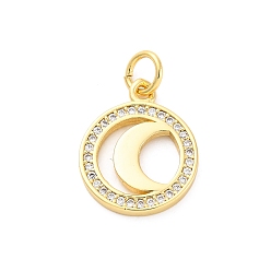 Луна Латунные микро проложить кубического циркония подвески, без кадмия и без свинца, с оболочкой, плоско-круглые, реальный 16 k позолоченный, с целью перехода в кольце, луна, 16.5x13x2 мм, отверстие : 3.5 мм