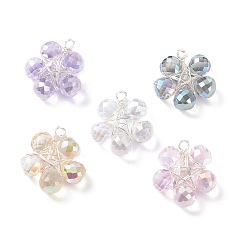 Silver Wire Wrapped Glass Pendants, with Brass Findings, AB Color Plated, Faceted, Flower Charms, Mixed Color, Silver, 25x23x8mm, Hole: 2.5mm